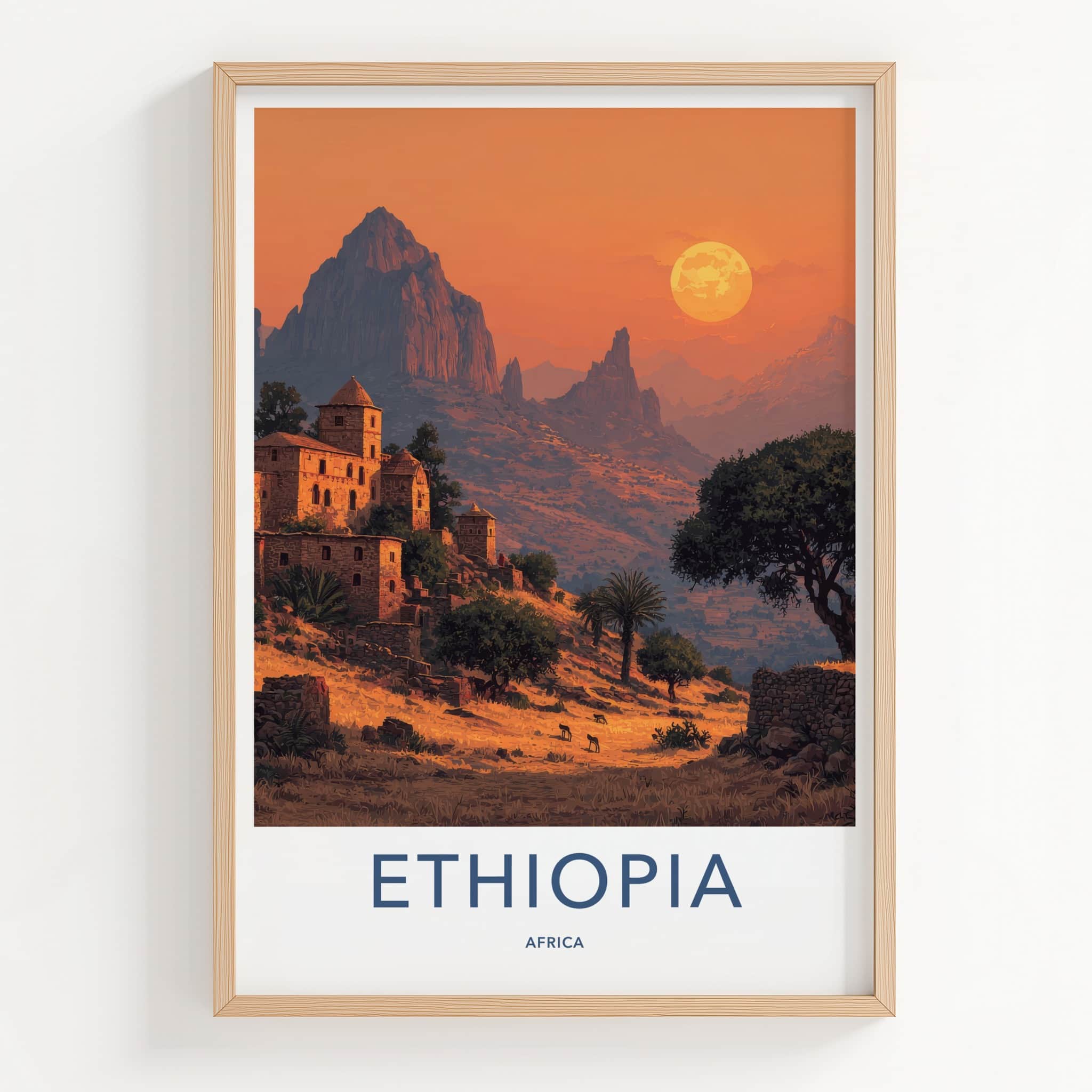 Ethiopia Poster - Africa Travel Art - Ancient Village Sunset Home Decor