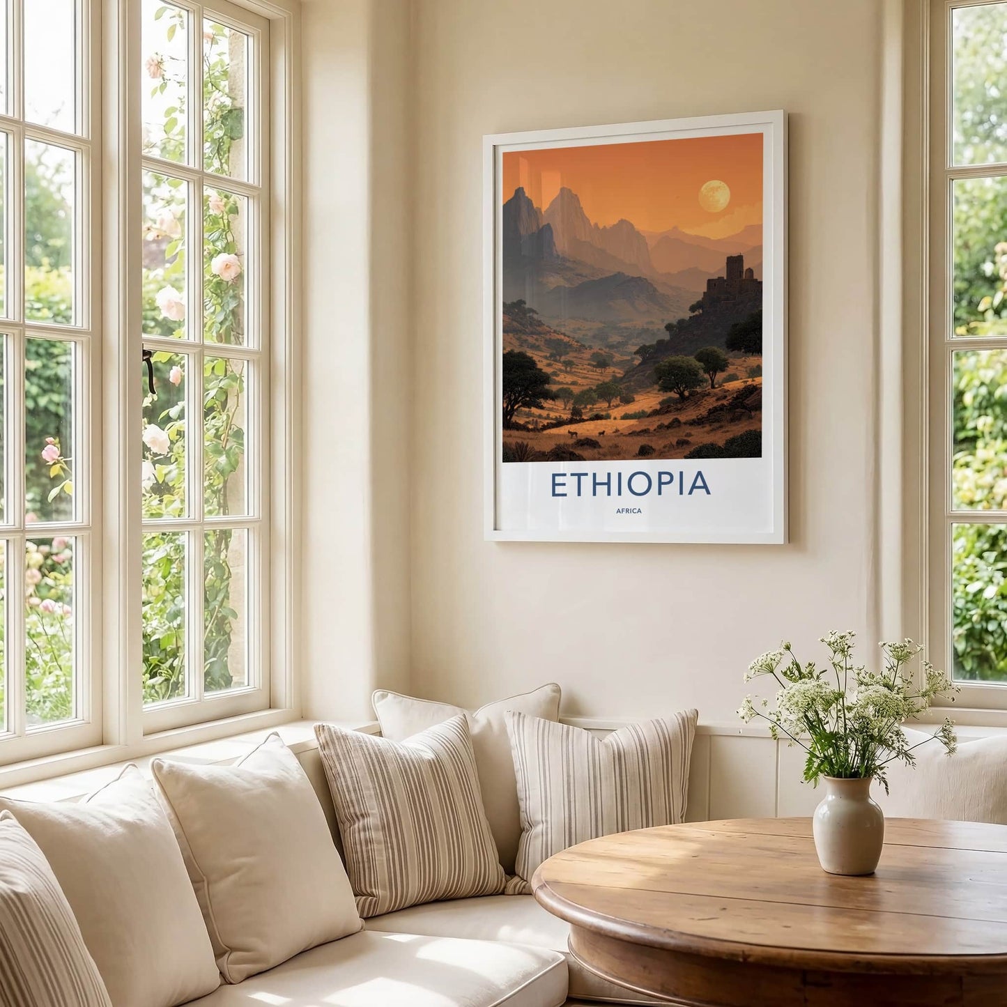 Ethiopia Poster - Africa Travel Art - Moonlit Highland Village Home Decor