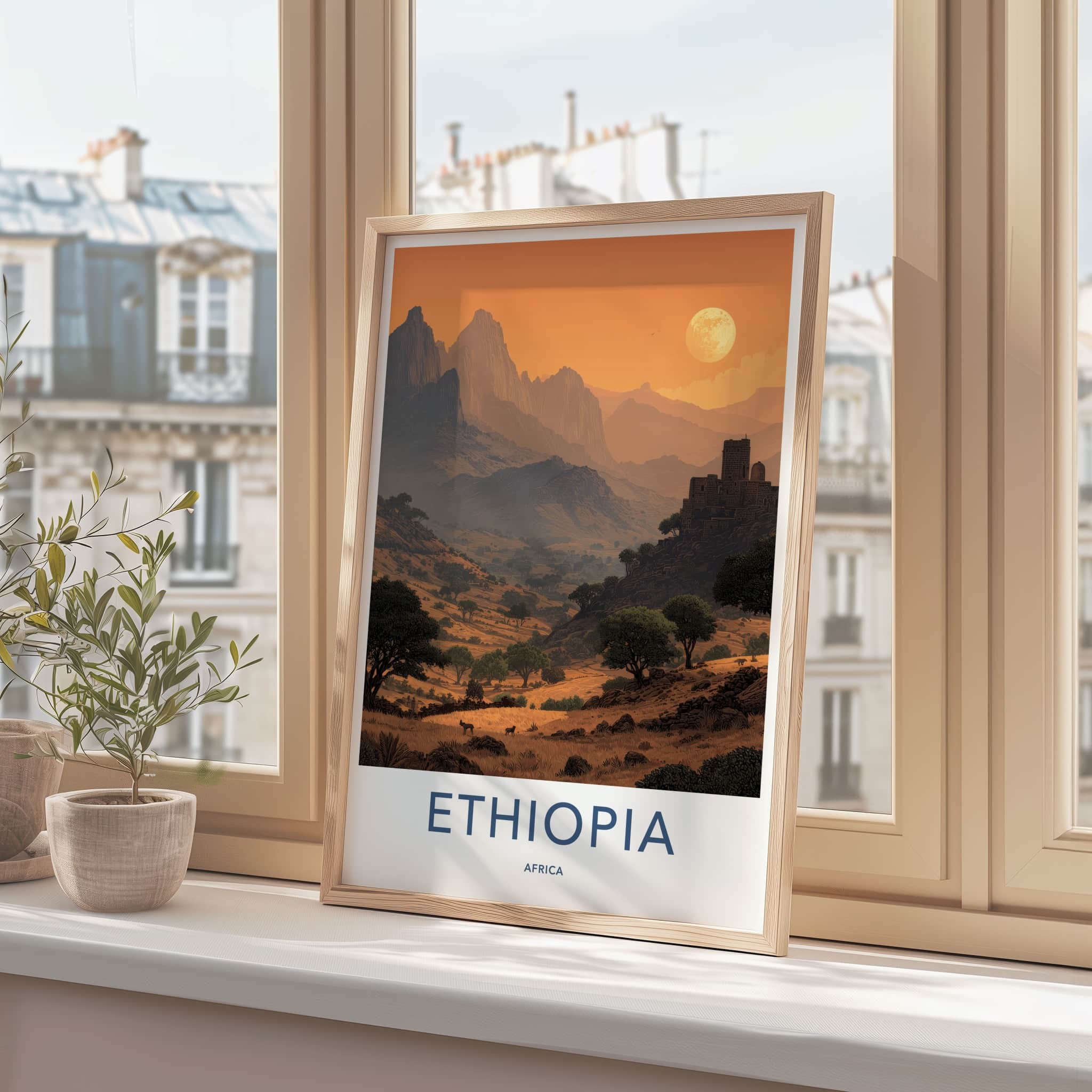 Ethiopia Poster - Africa Travel Art - Moonlit Highland Village Home Decor