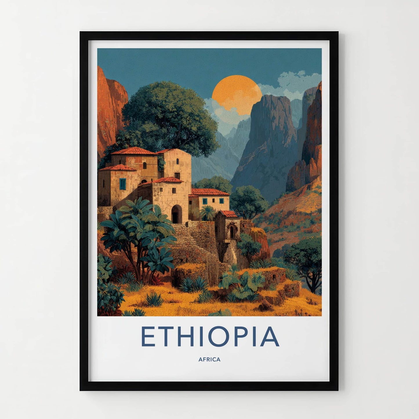 Ethiopia Poster - Africa Travel Art - Mountain Village Sunset Home Decor