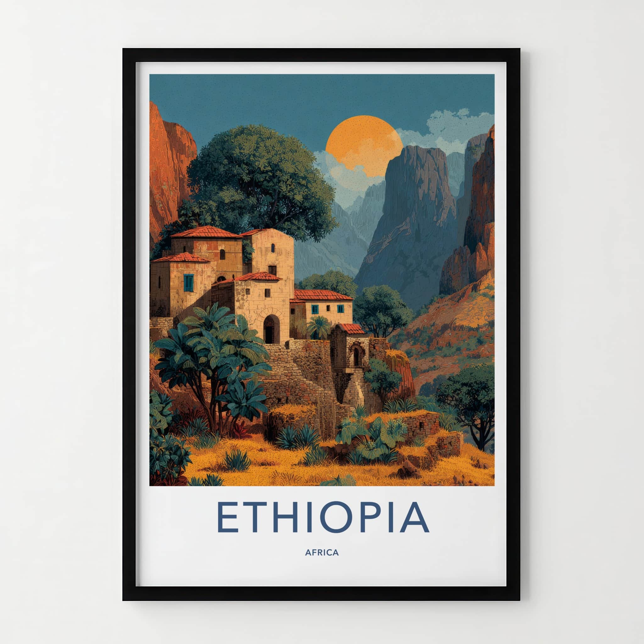 Ethiopia Poster - Africa Travel Art - Mountain Village Sunset Home Decor