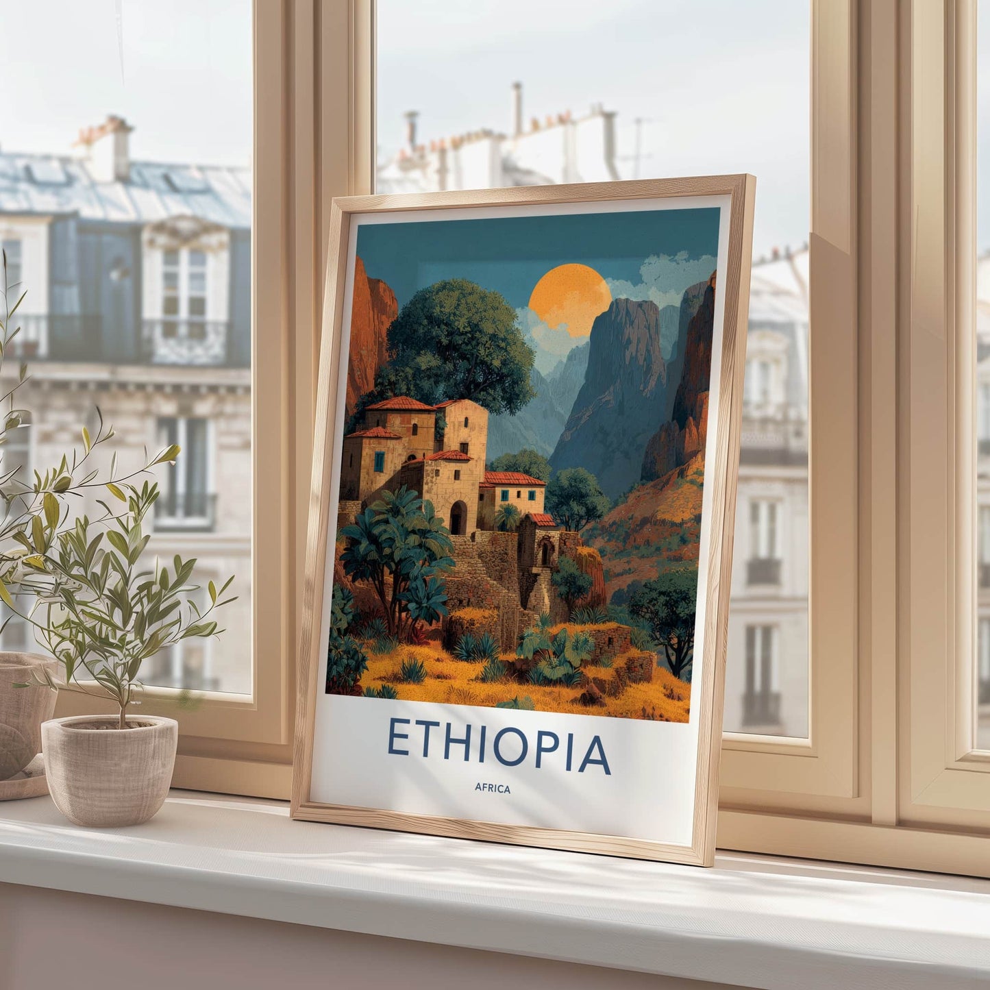 Ethiopia Poster - Africa Travel Art - Mountain Village Sunset Home Decor