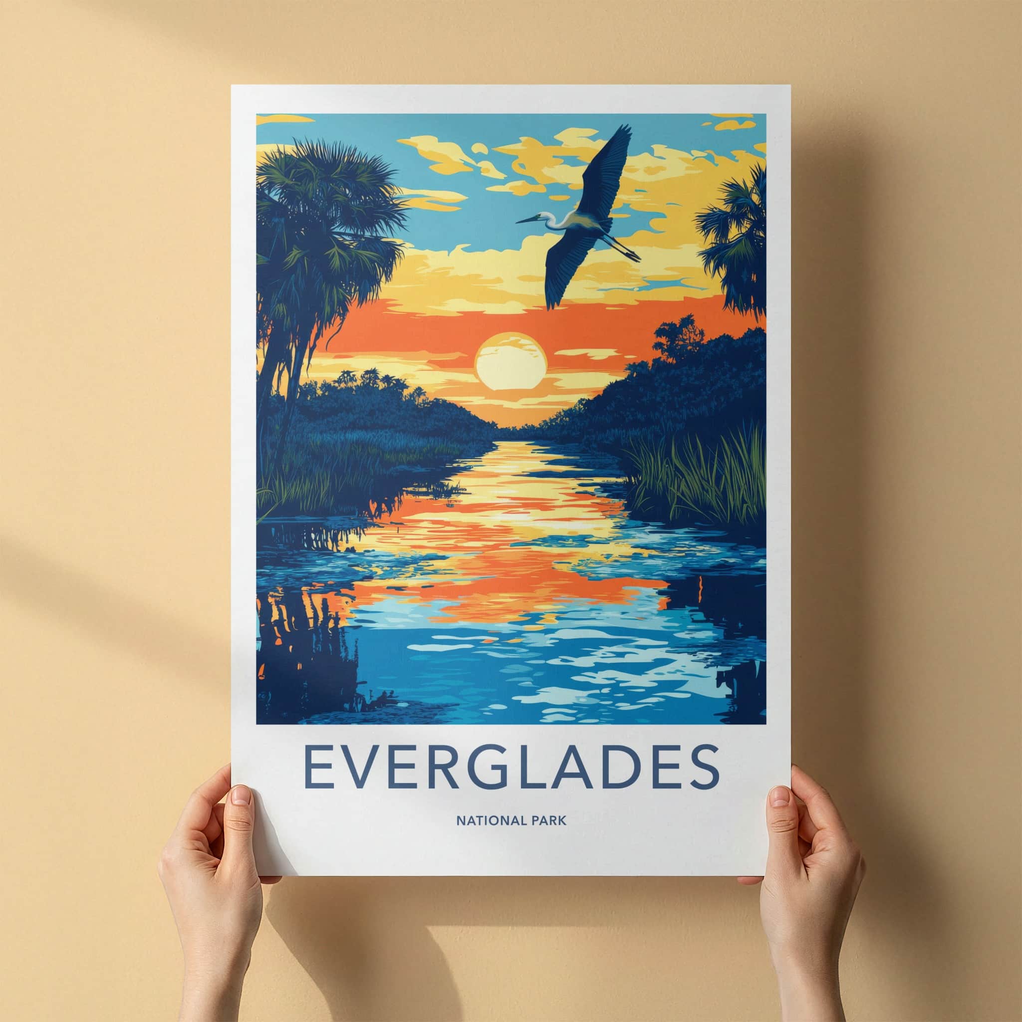 Everglades National Park Poster - Florida Travel Art - Sunset River Heron Home Decor