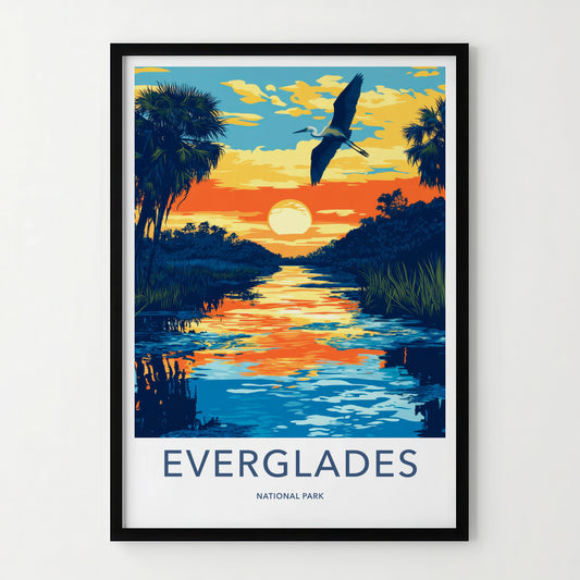 Everglades National Park Poster - Florida Travel Art - Sunset River Heron Home Decor