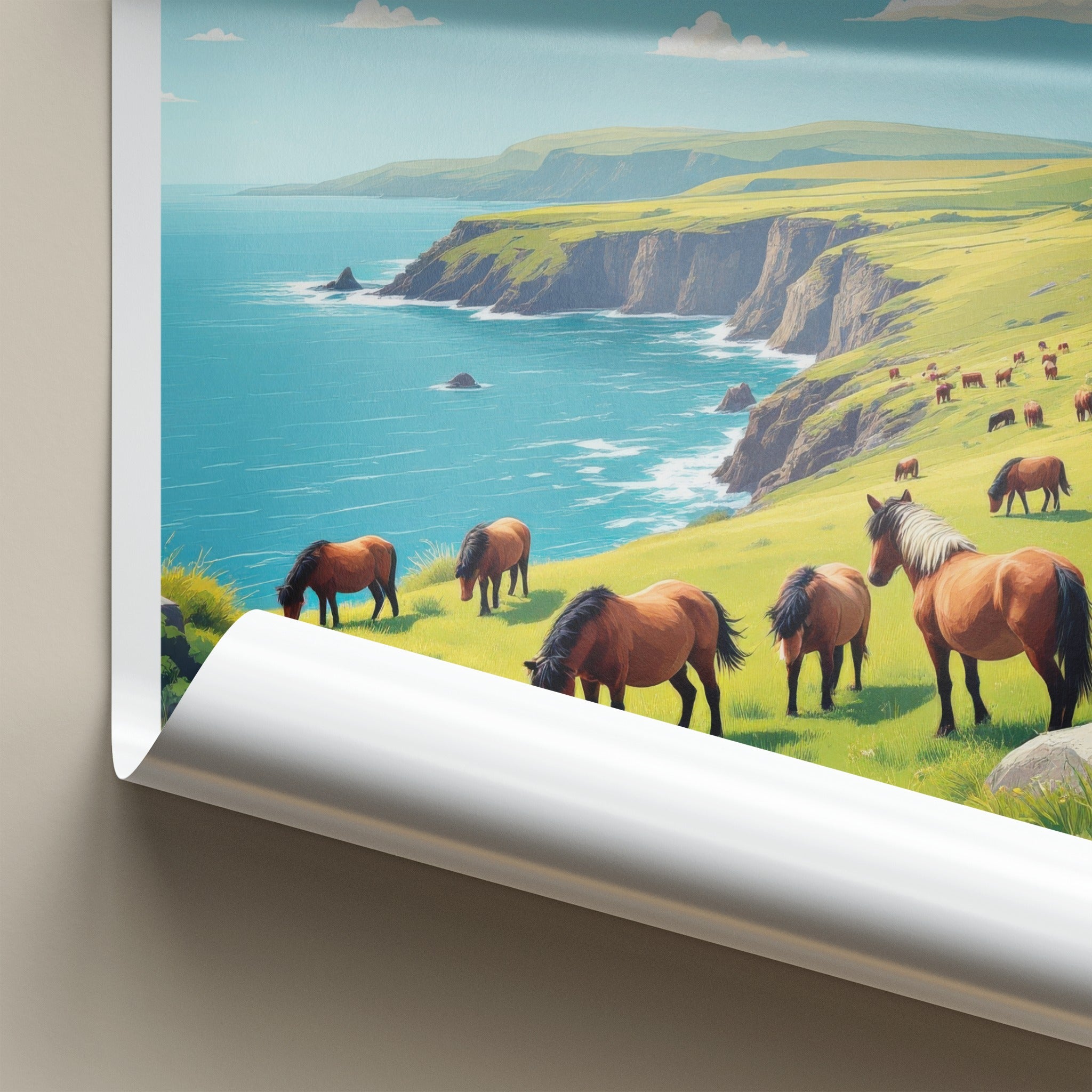 Exmoor National Park Poster - United Kingdom Fine Art - Grazing Horses Cliffs Gift
