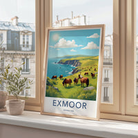Exmoor National Park Poster - United Kingdom Fine Art - Grazing Horses Cliffs Gift