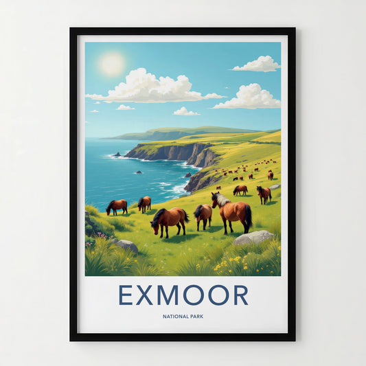 Exmoor National Park Poster - United Kingdom Fine Art - Grazing Horses Cliffs Gift