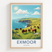 Exmoor National Park Poster - United Kingdom Fine Art - Grazing Horses Cliffs Gift