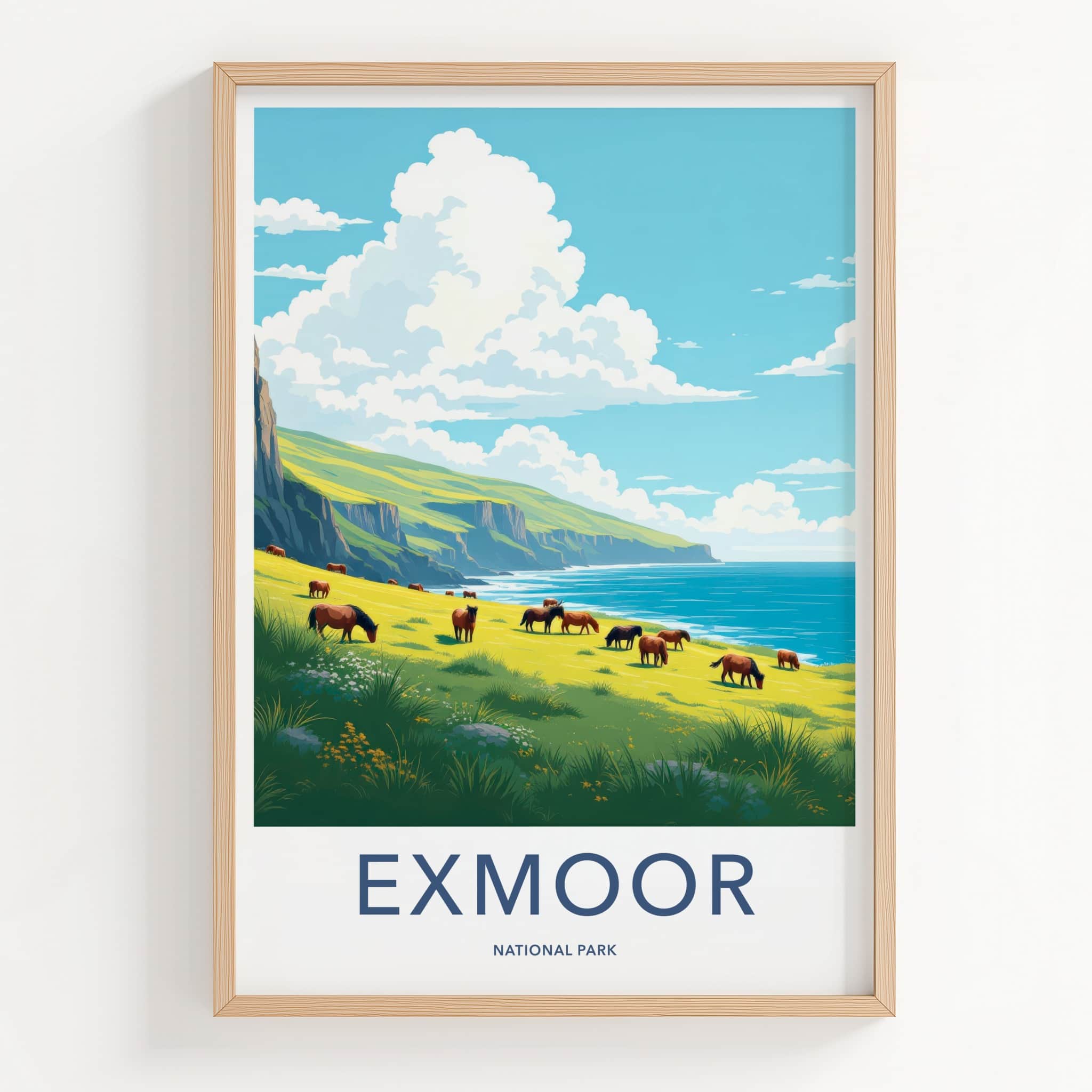Exmoor National Park Poster - United Kingdom Travel Art - Horses Ocean Cliffs Wall Decor