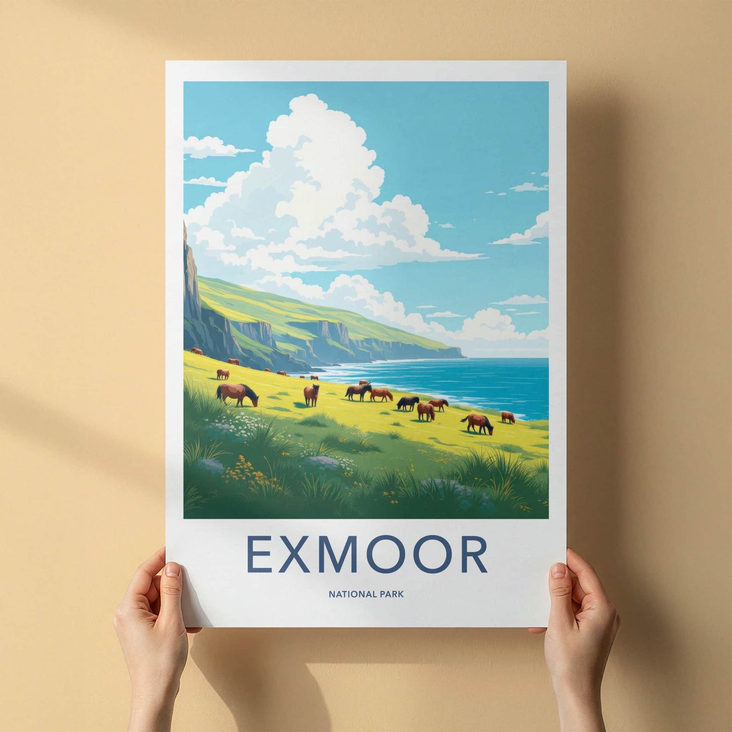 Exmoor National Park Poster - United Kingdom Travel Art - Horses Ocean Cliffs Wall Decor