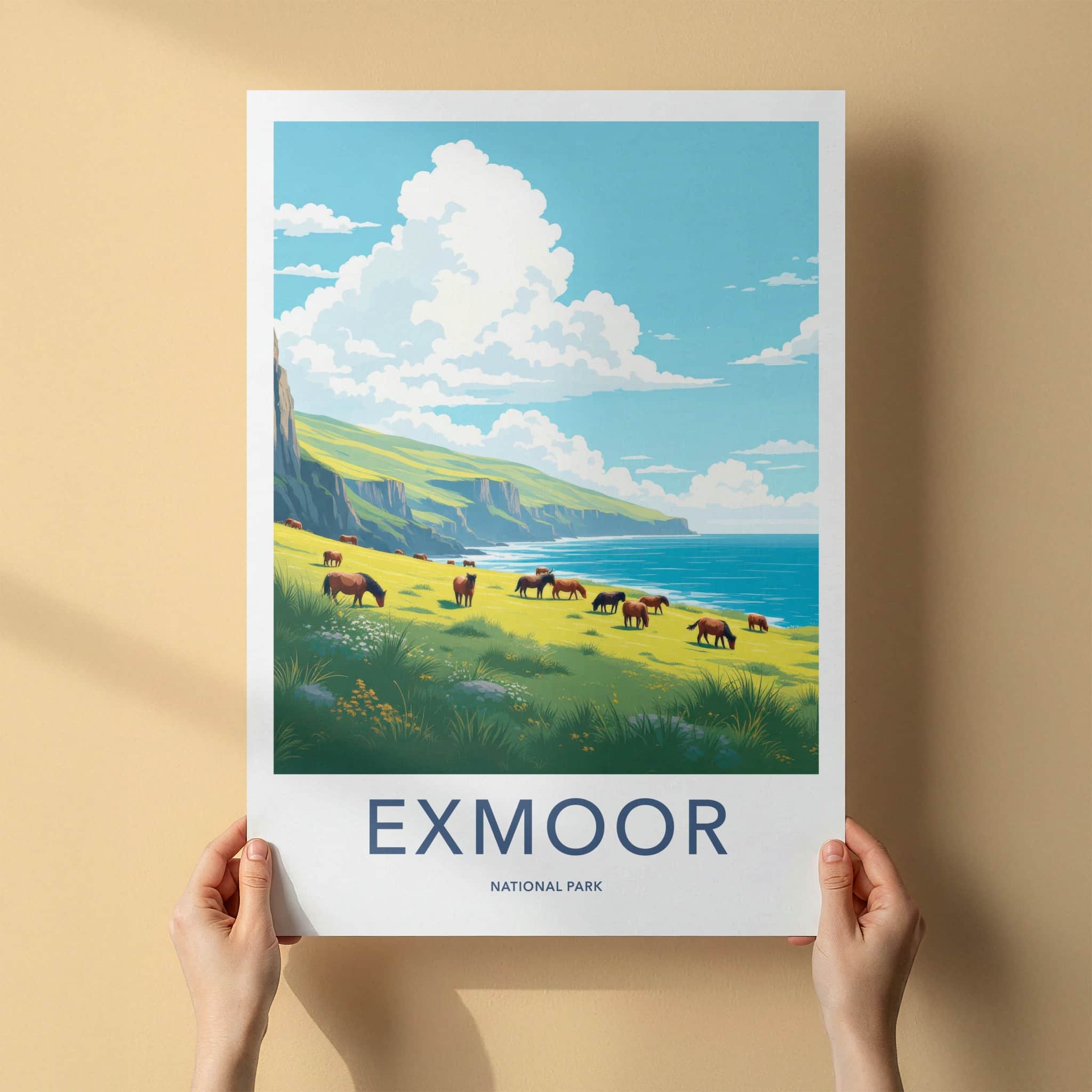 Exmoor National Park Poster - United Kingdom Travel Art - Horses Ocean Cliffs Wall Decor