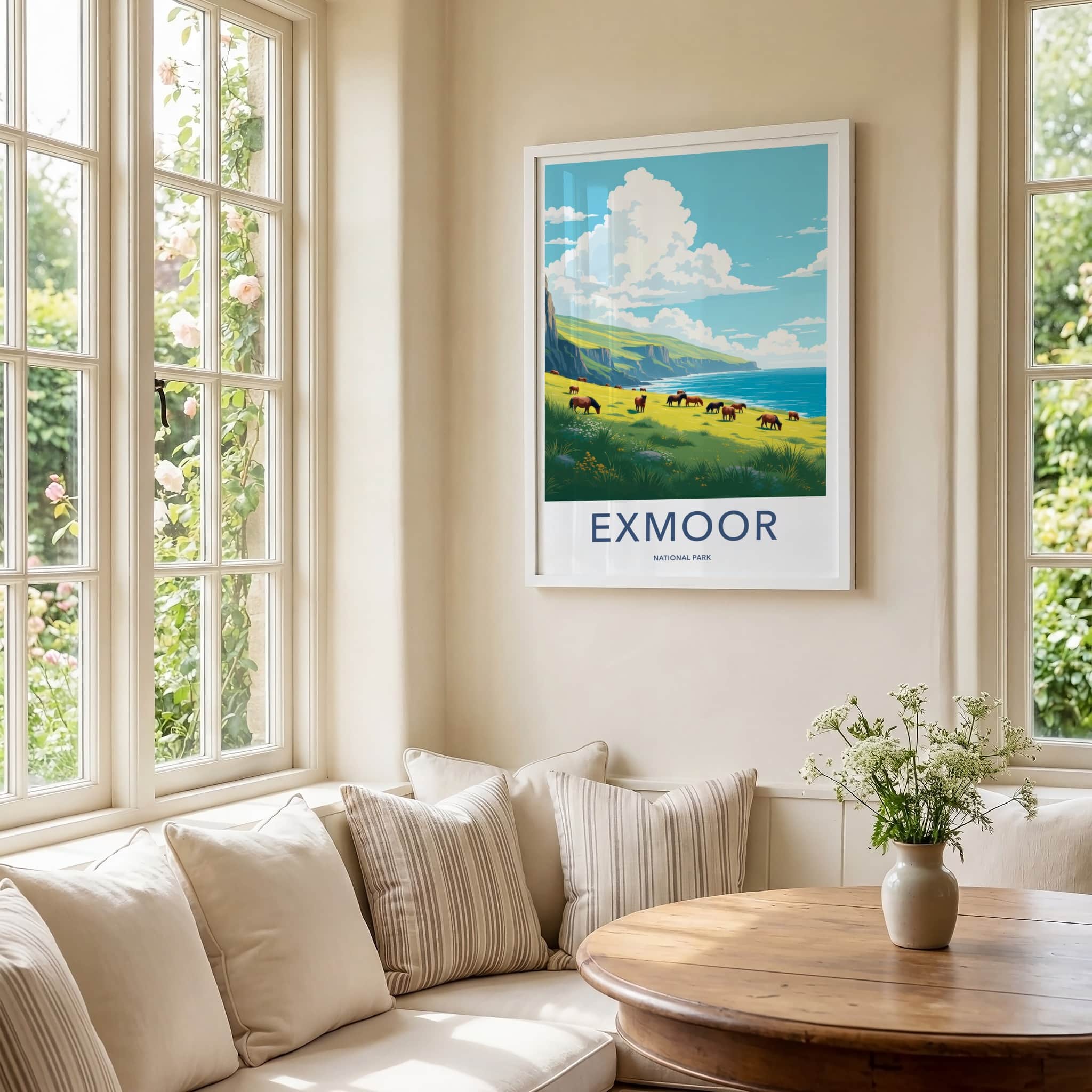 Exmoor National Park Poster - United Kingdom Travel Art - Horses Ocean Cliffs Wall Decor