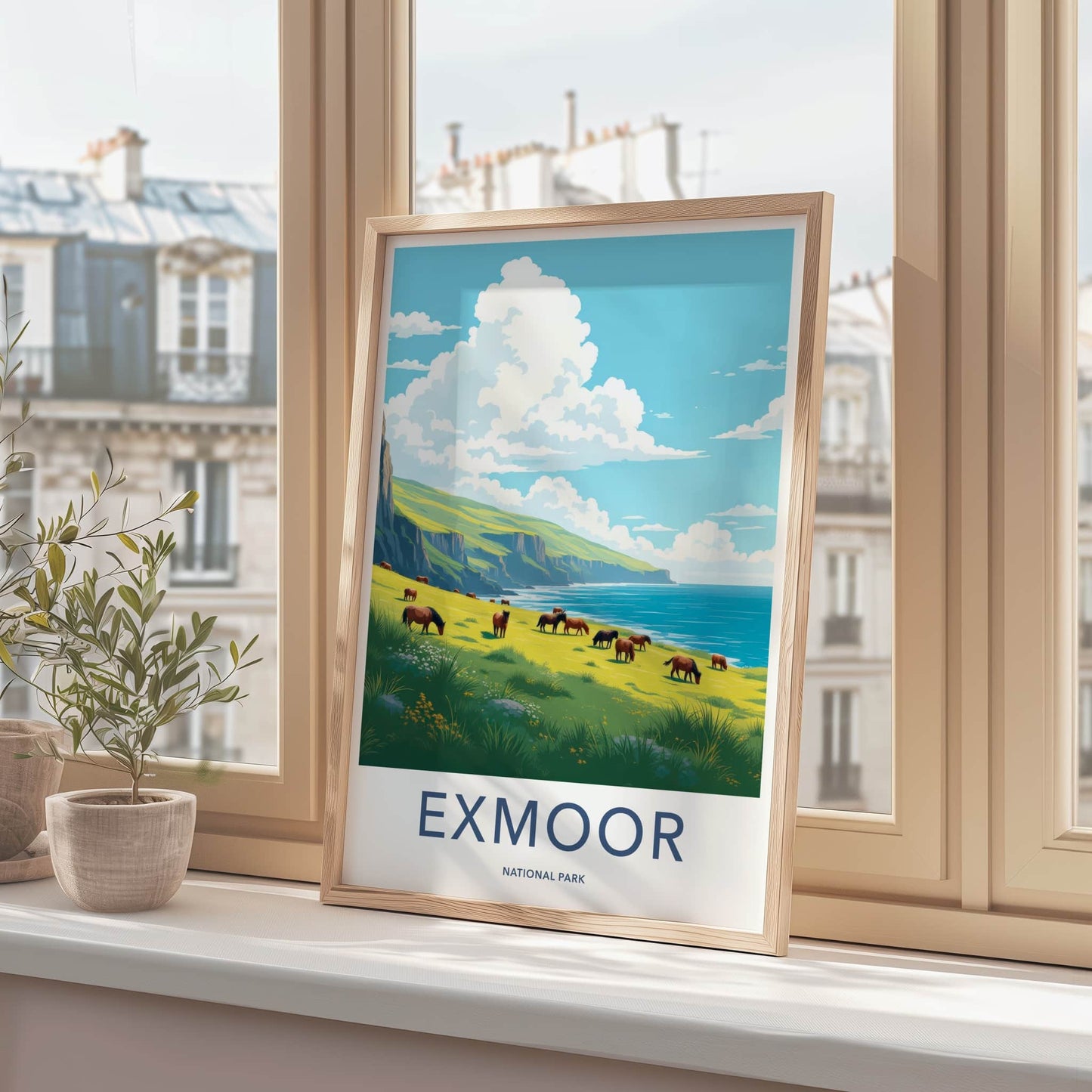 Exmoor National Park Poster - United Kingdom Travel Art - Horses Ocean Cliffs Wall Decor