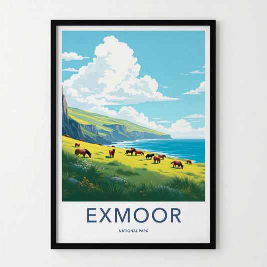 Exmoor National Park Poster - United Kingdom Travel Art - Horses Ocean Cliffs Wall Decor