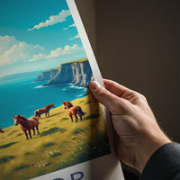 Exmoor National Park Poster - United Kingdom Wall Art - Wild Ponies Cliff Gift
