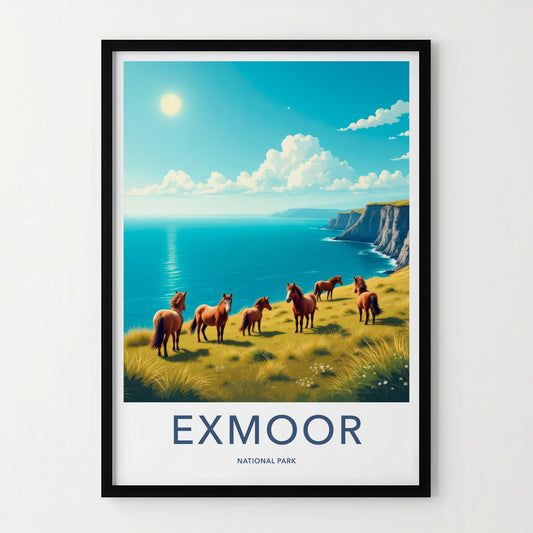Exmoor National Park Poster - United Kingdom Wall Art - Wild Ponies Cliff Gift