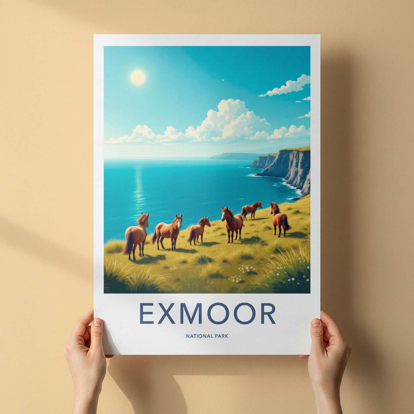 Exmoor National Park Poster - United Kingdom Wall Art - Wild Ponies Cliff Gift