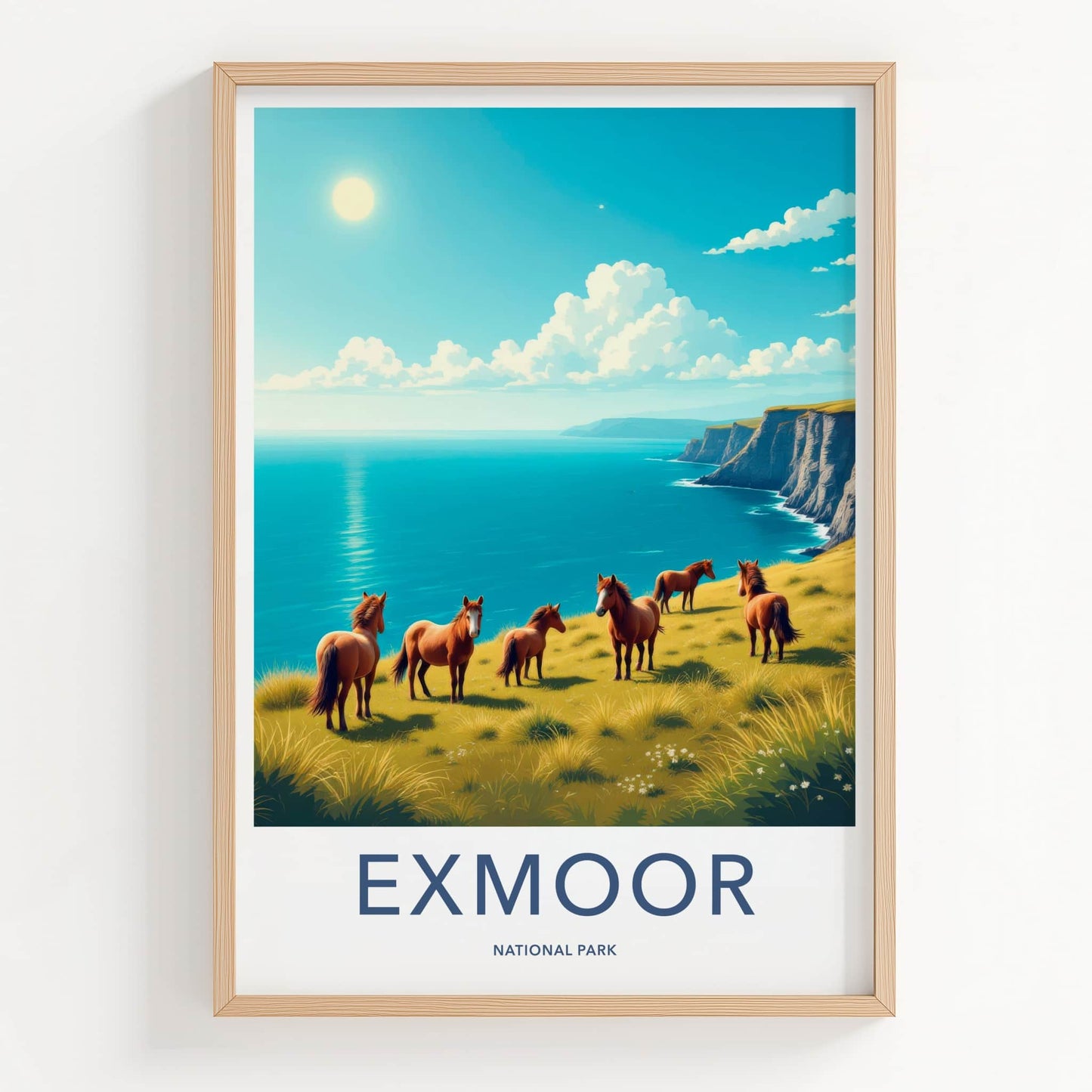 Exmoor National Park Poster - United Kingdom Wall Art - Wild Ponies Cliff Gift