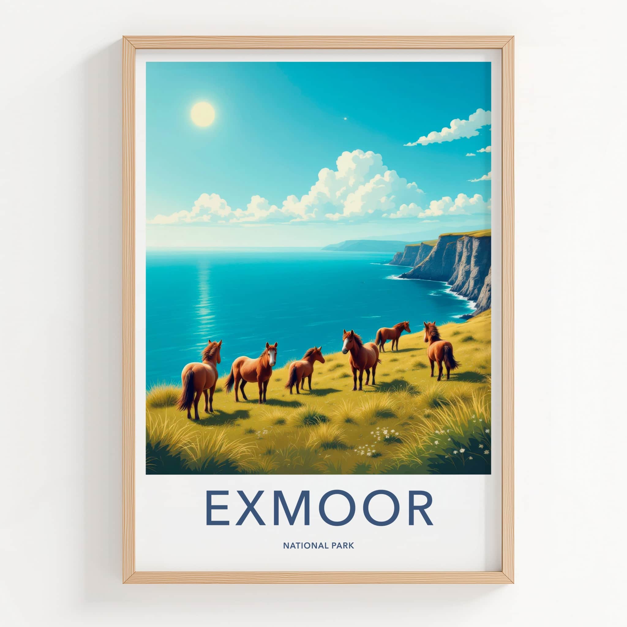 Exmoor National Park Poster - United Kingdom Wall Art - Wild Ponies Cliff Gift