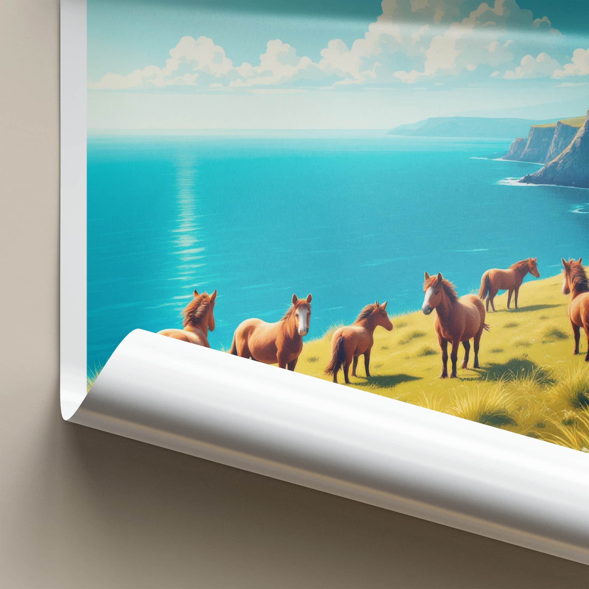 Exmoor National Park Poster - United Kingdom Wall Art - Wild Ponies Cliff Gift