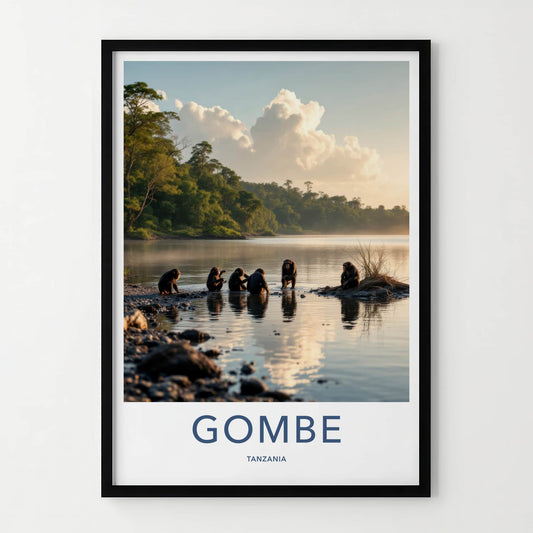Gombe Poster - Tanzania Travel Art - Chimpanzee Water Reflections Home Decor