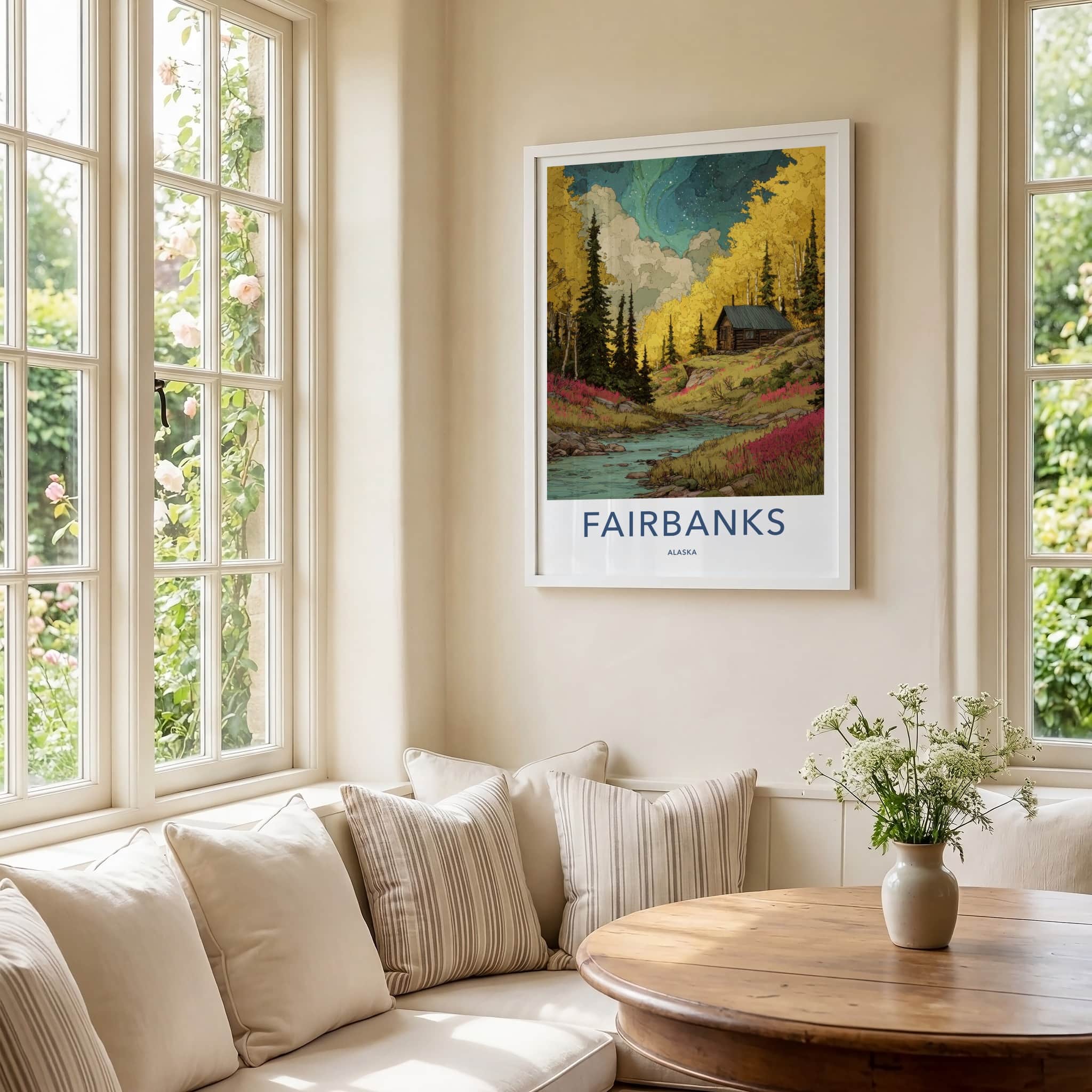Fairbanks Poster - Alaska Travel Print - Cabin River Autumn Gallery Art