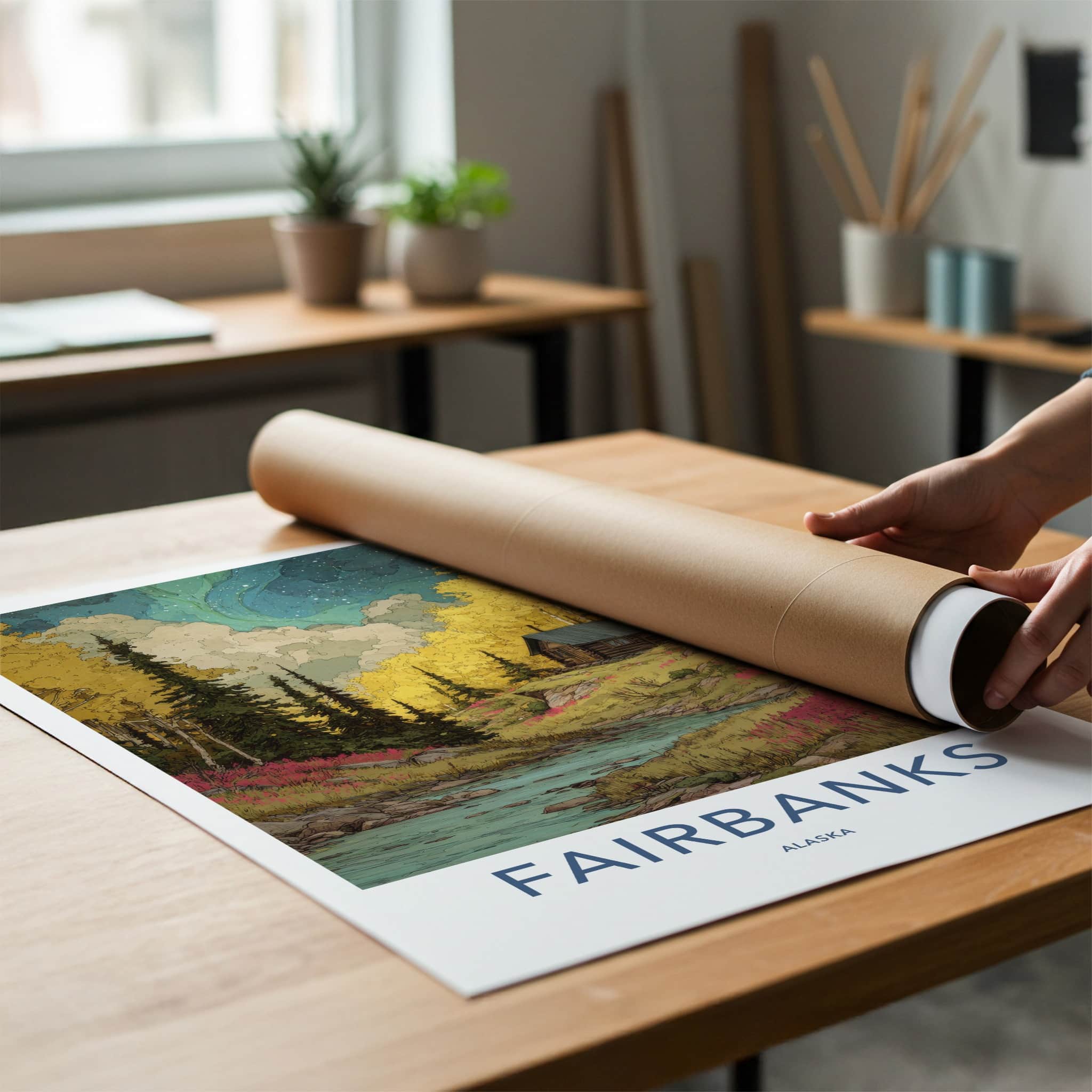 Fairbanks Poster - Alaska Travel Print - Cabin River Autumn Gallery Art