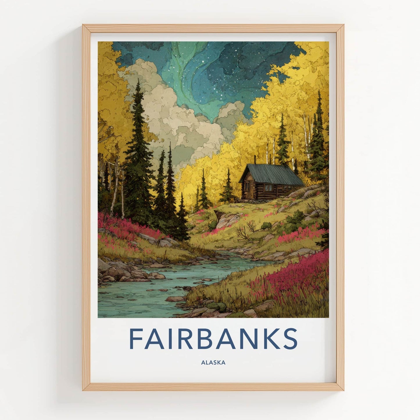 Fairbanks Poster - Alaska Travel Print - Cabin River Autumn Gallery Art