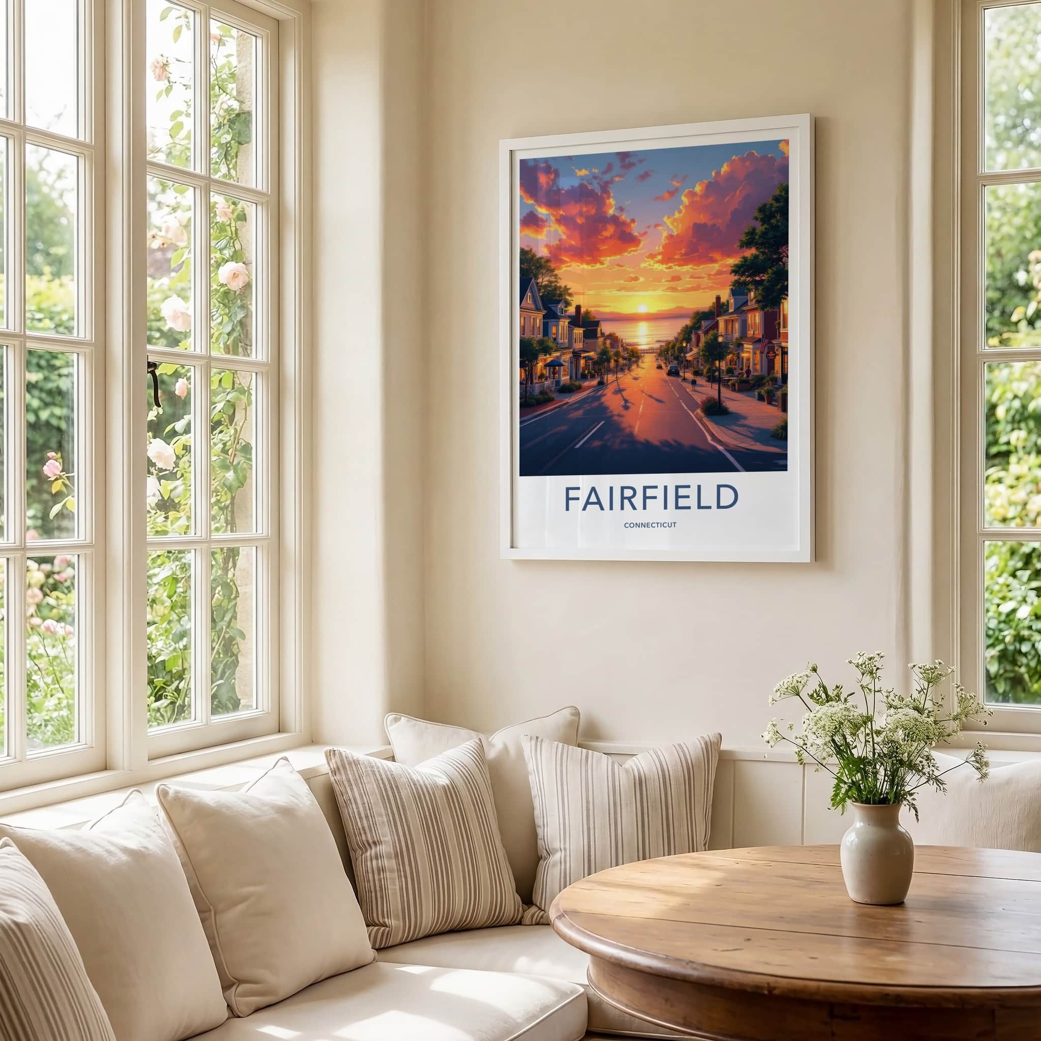 Fairfield Poster - Connecticut Travel Art - Vibrant Sunset Town Home Decor