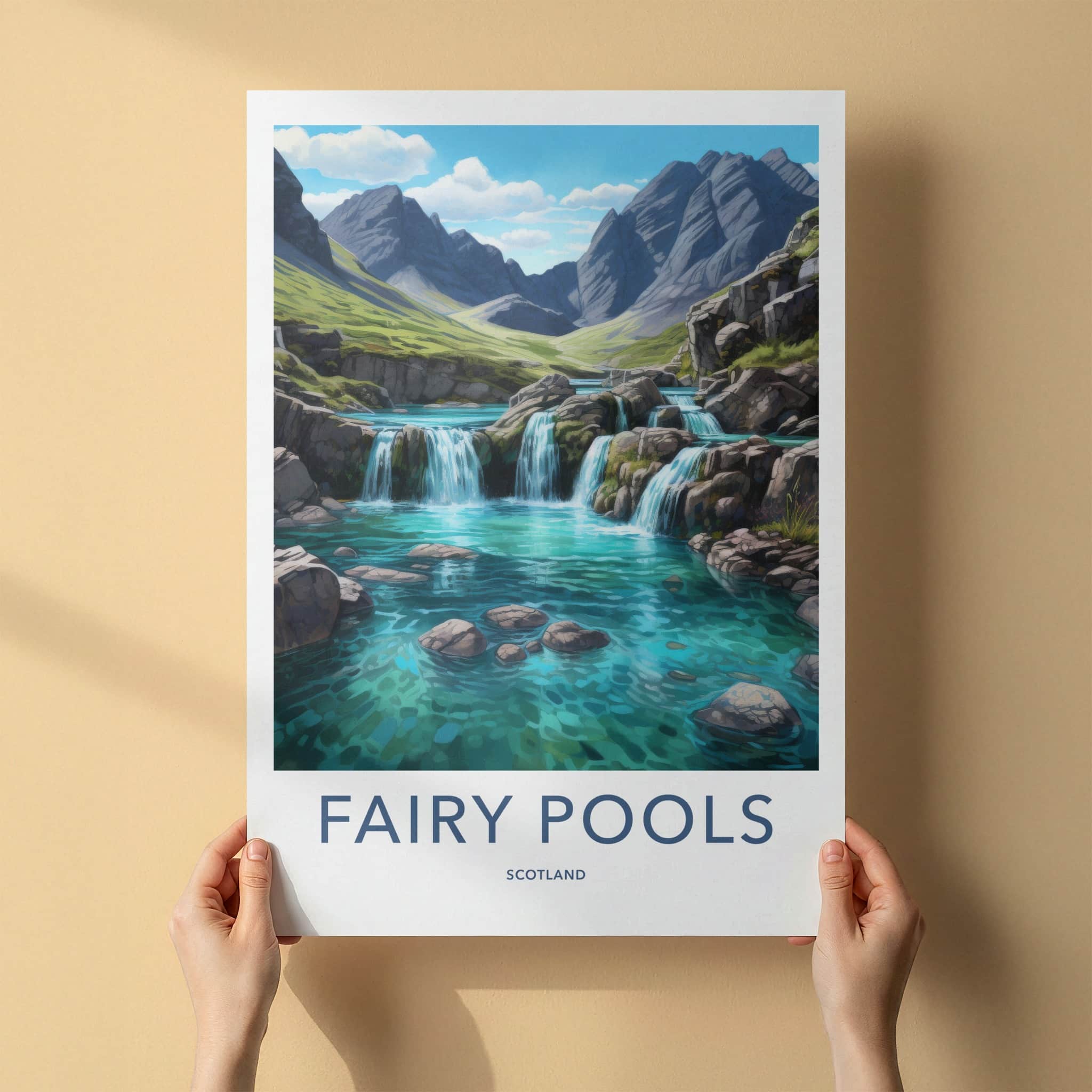 Fairy Pools Poster - Scotland Travel Art - Cascading Waterfalls Pools Home Decor