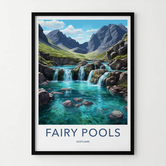 Fairy Pools Poster - Scotland Travel Art - Cascading Waterfalls Pools Home Decor