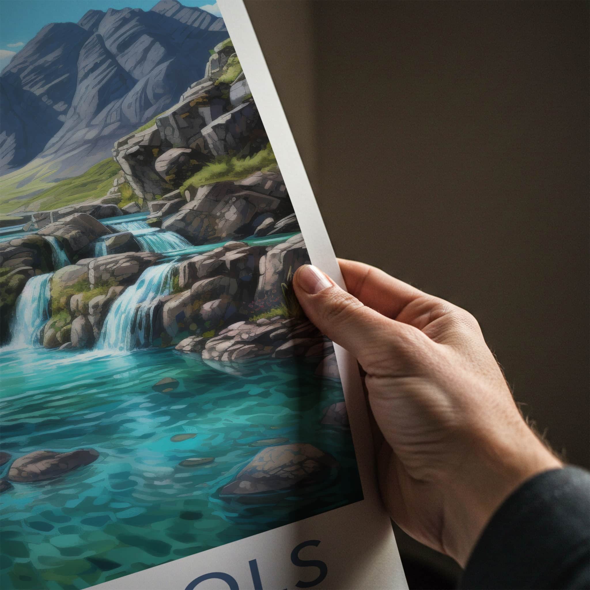 Fairy Pools Poster - Scotland Travel Art - Cascading Waterfalls Pools Home Decor