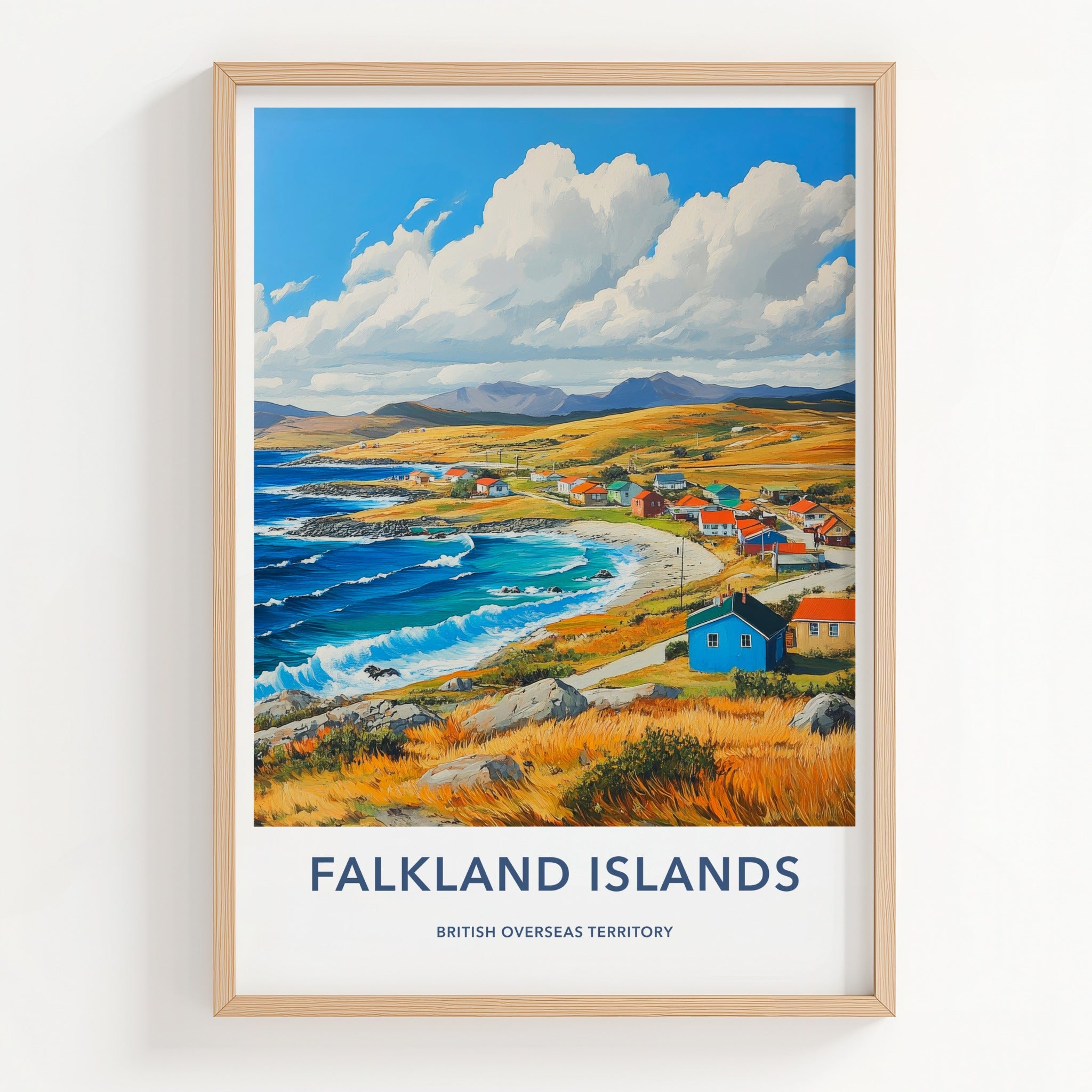 Falkland Islands Poster - Falkland Islands Travel Art - Vibrant coastal village Home Decor