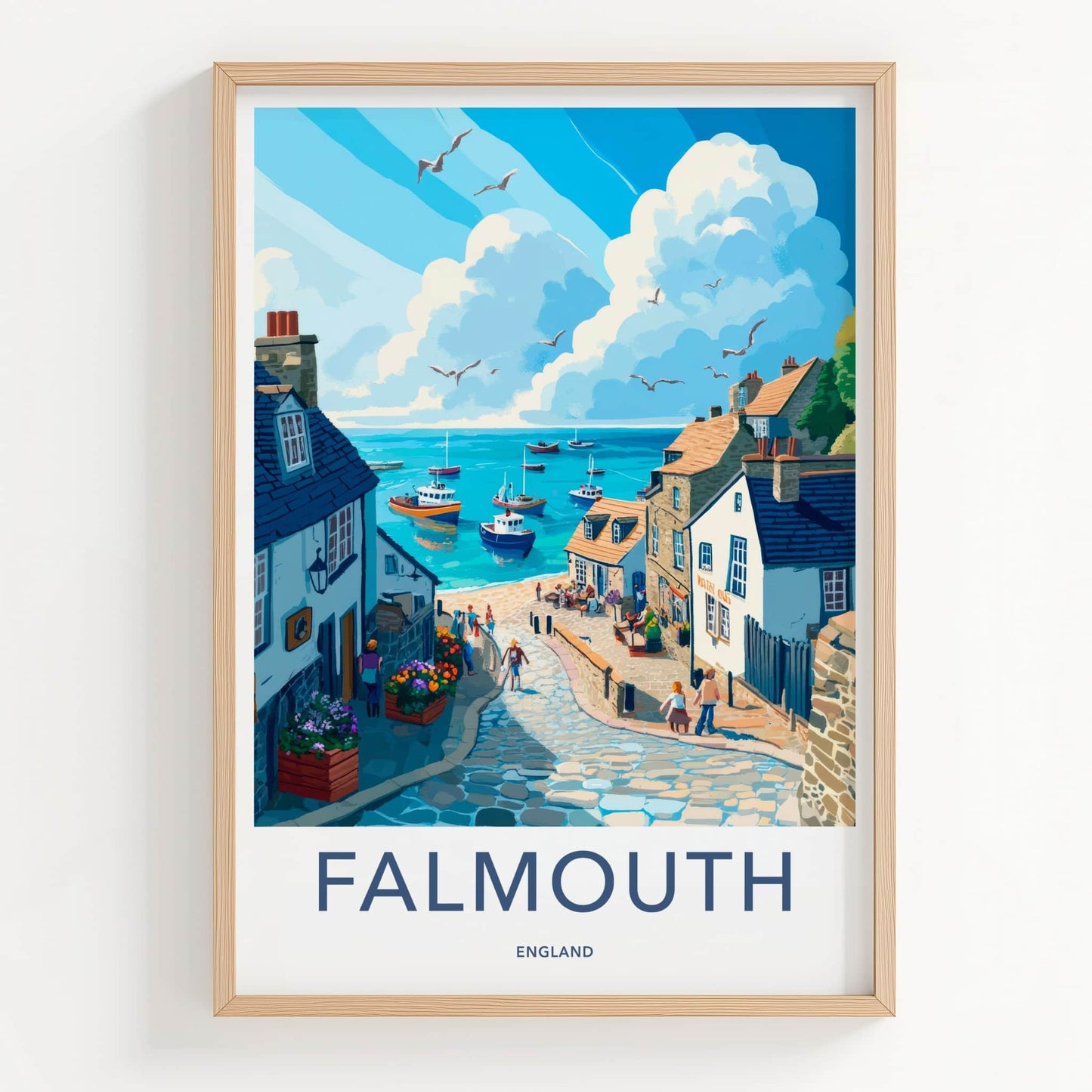 Falmouth Poster - England Travel Art - Quaint Coastal Street Wall Decor