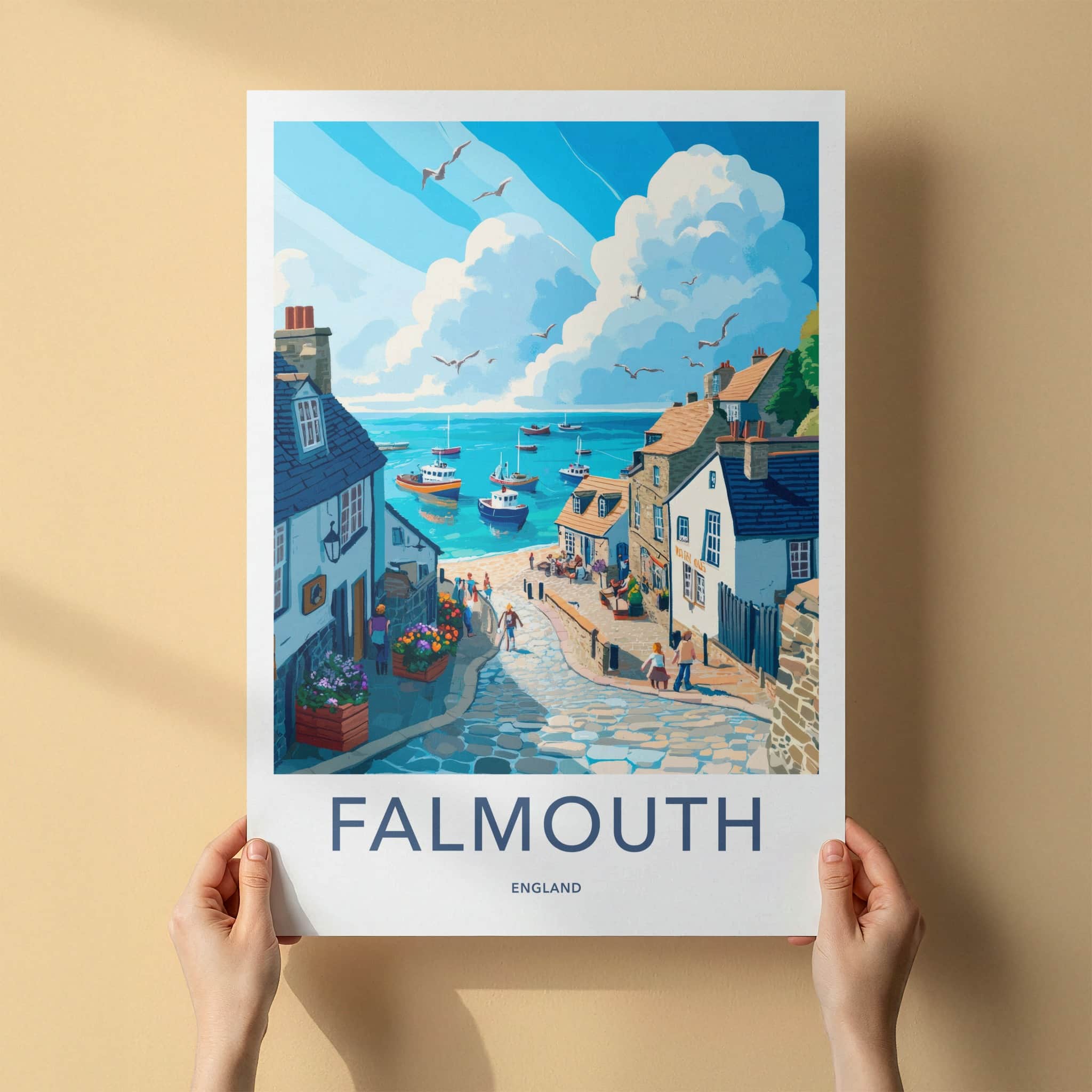 Falmouth Poster - England Travel Art - Quaint Coastal Street Wall Decor