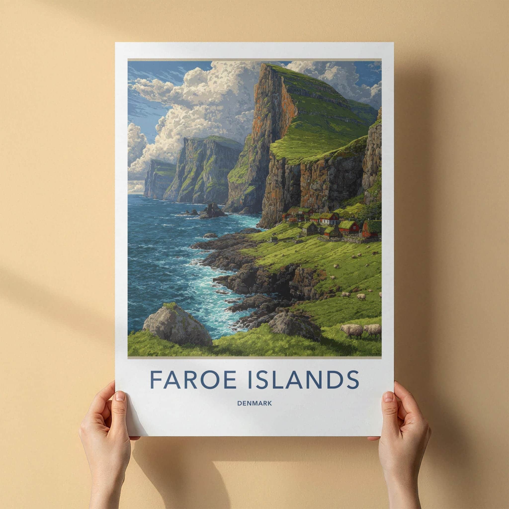 Faroe Islands Poster - Denmark Travel Art - Clifftop Village Green Home Decor