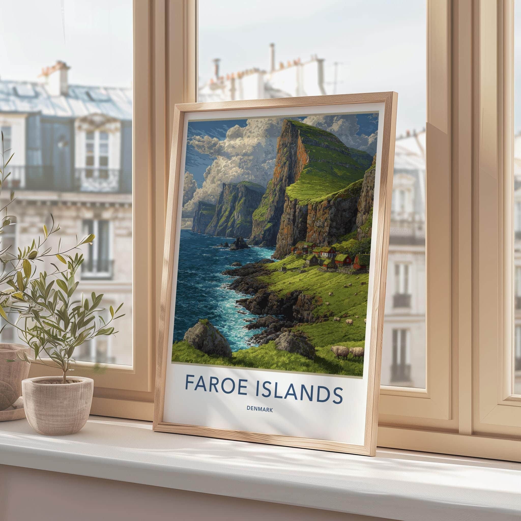 Faroe Islands Poster - Denmark Travel Art - Clifftop Village Green Home Decor