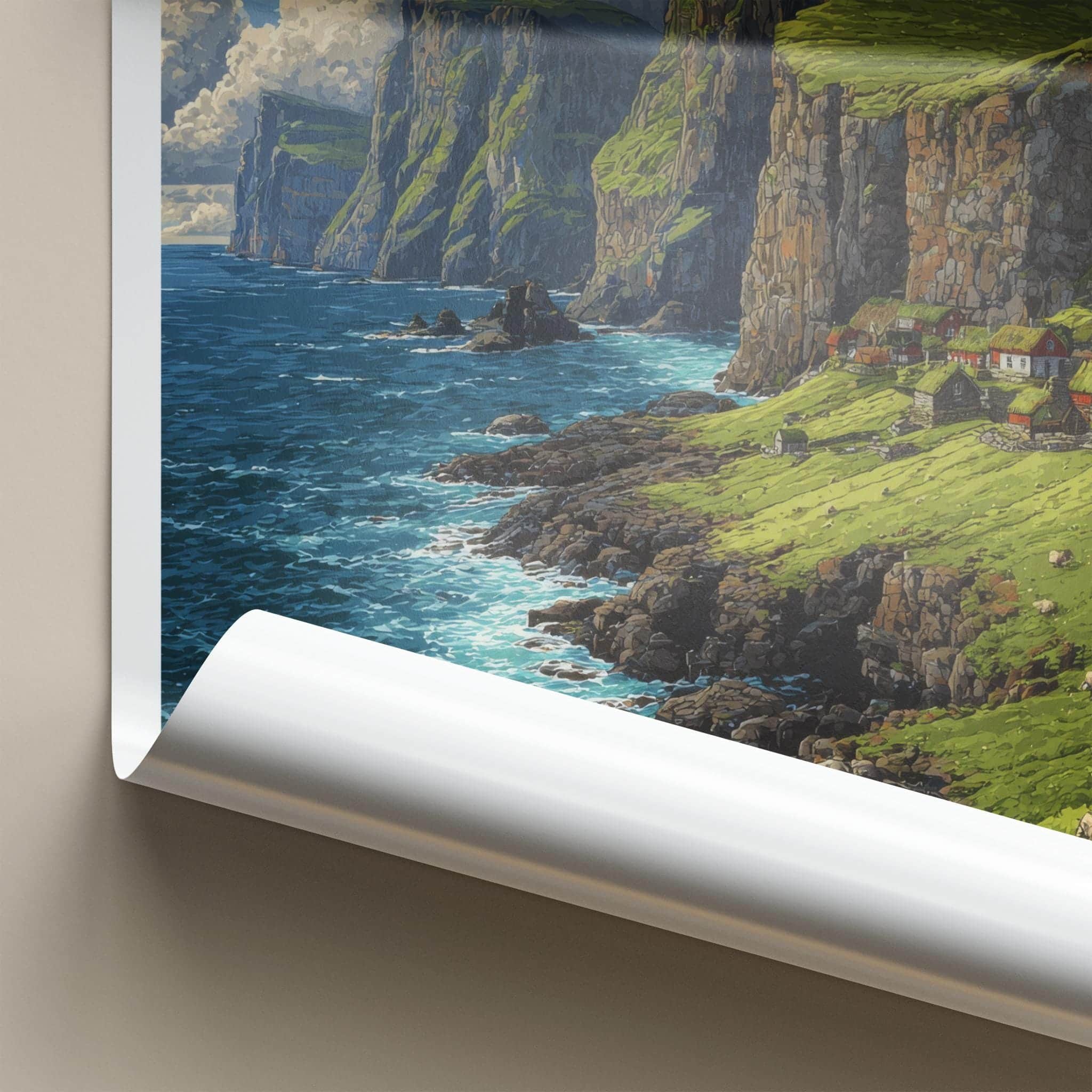 Faroe Islands Poster - Denmark Travel Art - Clifftop Village Green Home Decor