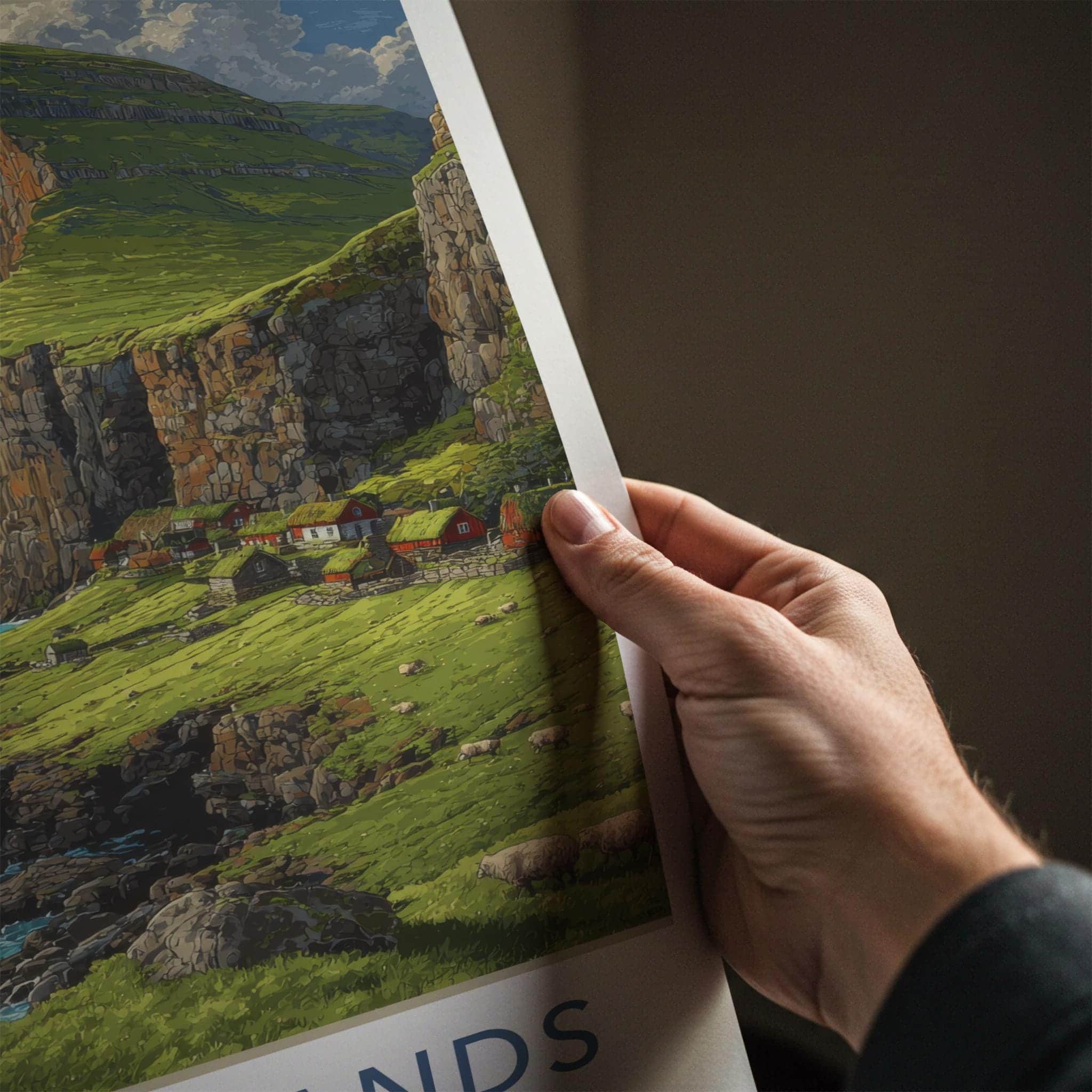 Faroe Islands Poster - Denmark Travel Art - Clifftop Village Green Home Decor