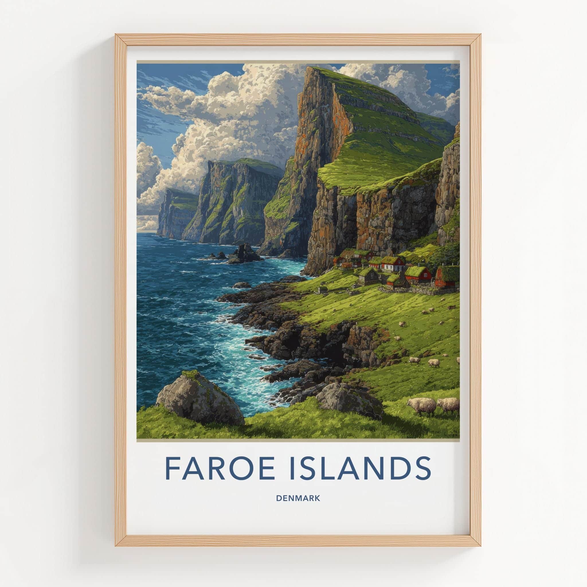 Faroe Islands Poster - Denmark Travel Art - Clifftop Village Green Home Decor