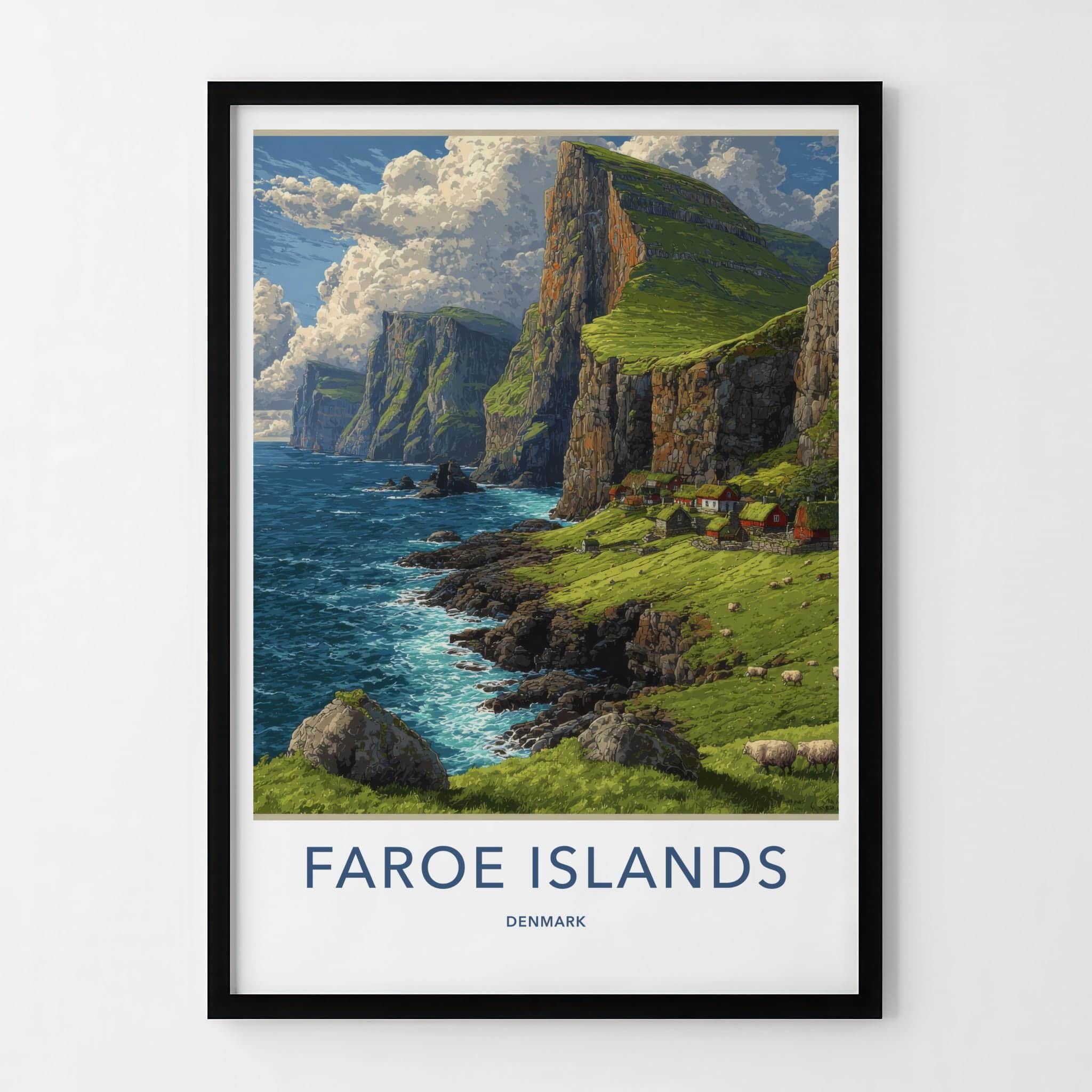 Faroe Islands Poster - Denmark Travel Art - Clifftop Village Green Home Decor