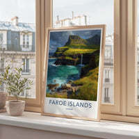 Faroe Islands Poster - Denmark Travel Art - Coastal Cliff Waterfall Home Decor