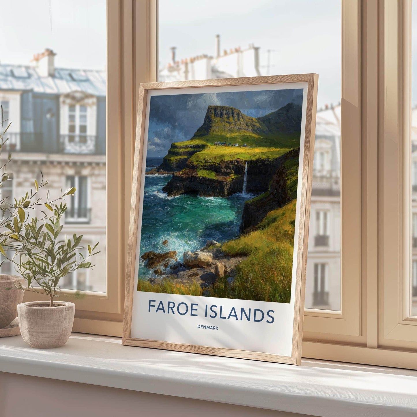 Faroe Islands Poster - Denmark Travel Art - Coastal Cliff Waterfall Home Decor