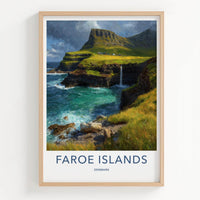 Faroe Islands Poster - Denmark Travel Art - Coastal Cliff Waterfall Home Decor