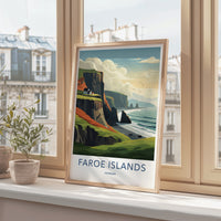 Faroe Islands Poster - Denmark Travel Art - Coastal Cliffside Houses Home Decor