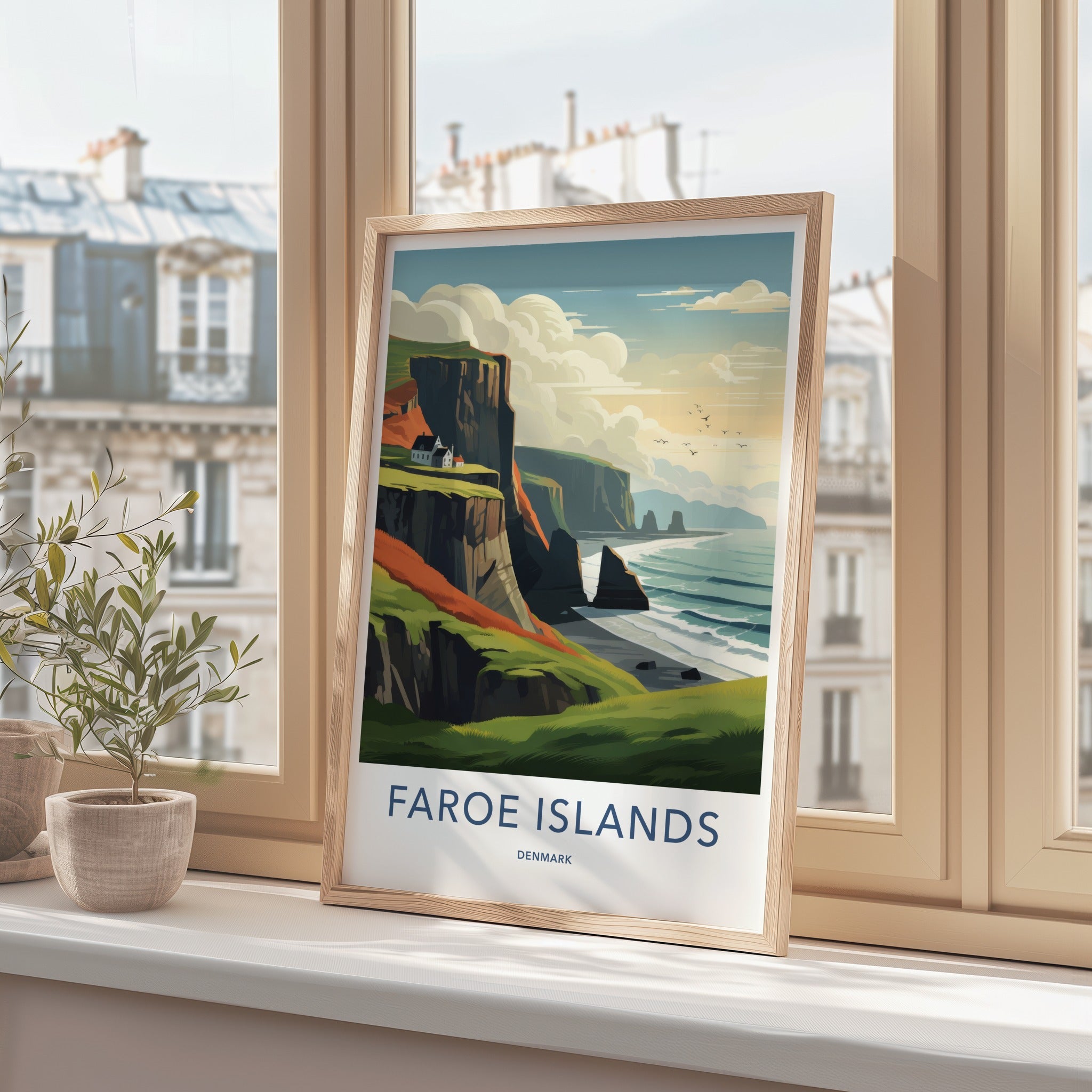 Faroe Islands Poster - Denmark Travel Art - Coastal Cliffside Houses Home Decor