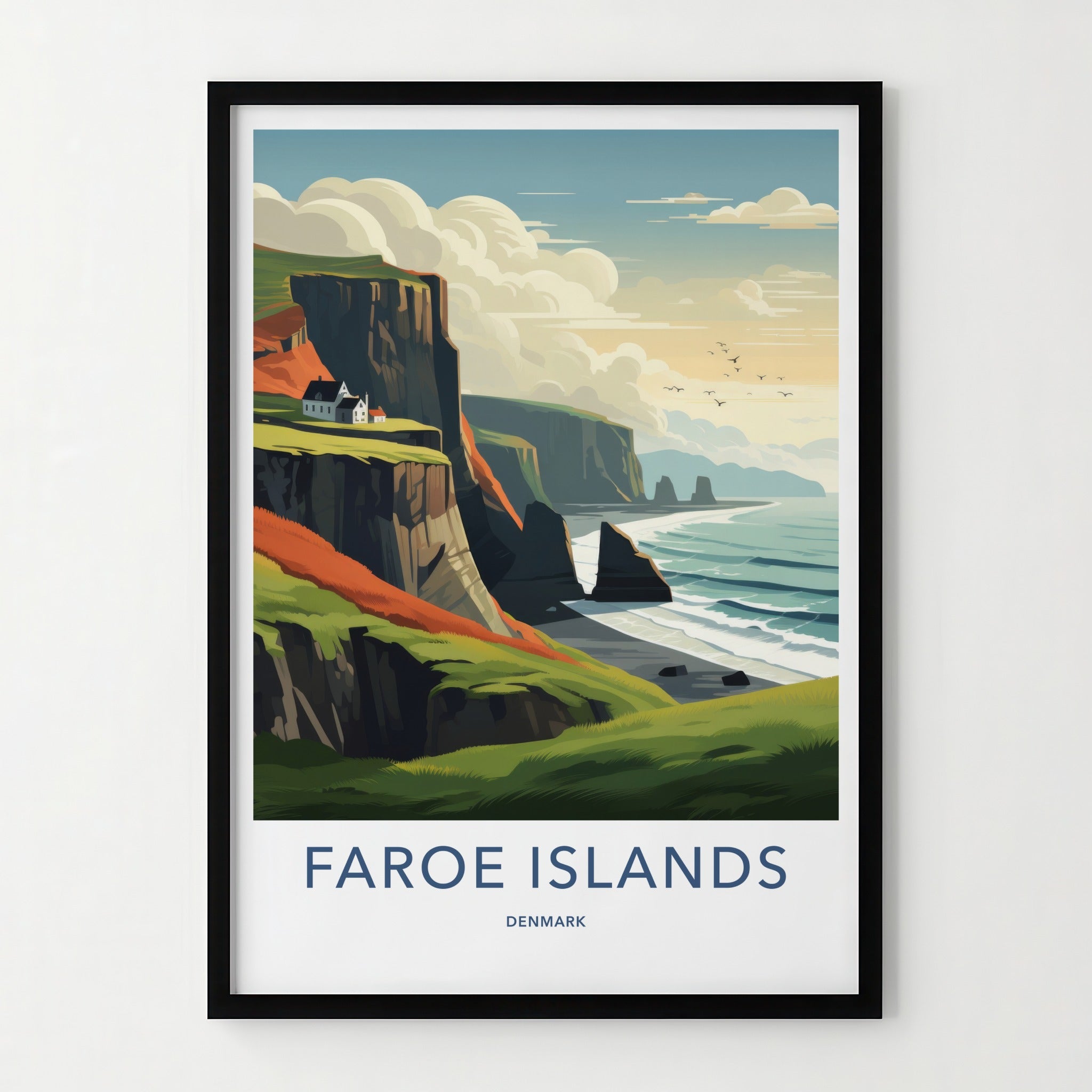 Faroe Islands Poster - Denmark Travel Art - Coastal Cliffside Houses Home Decor