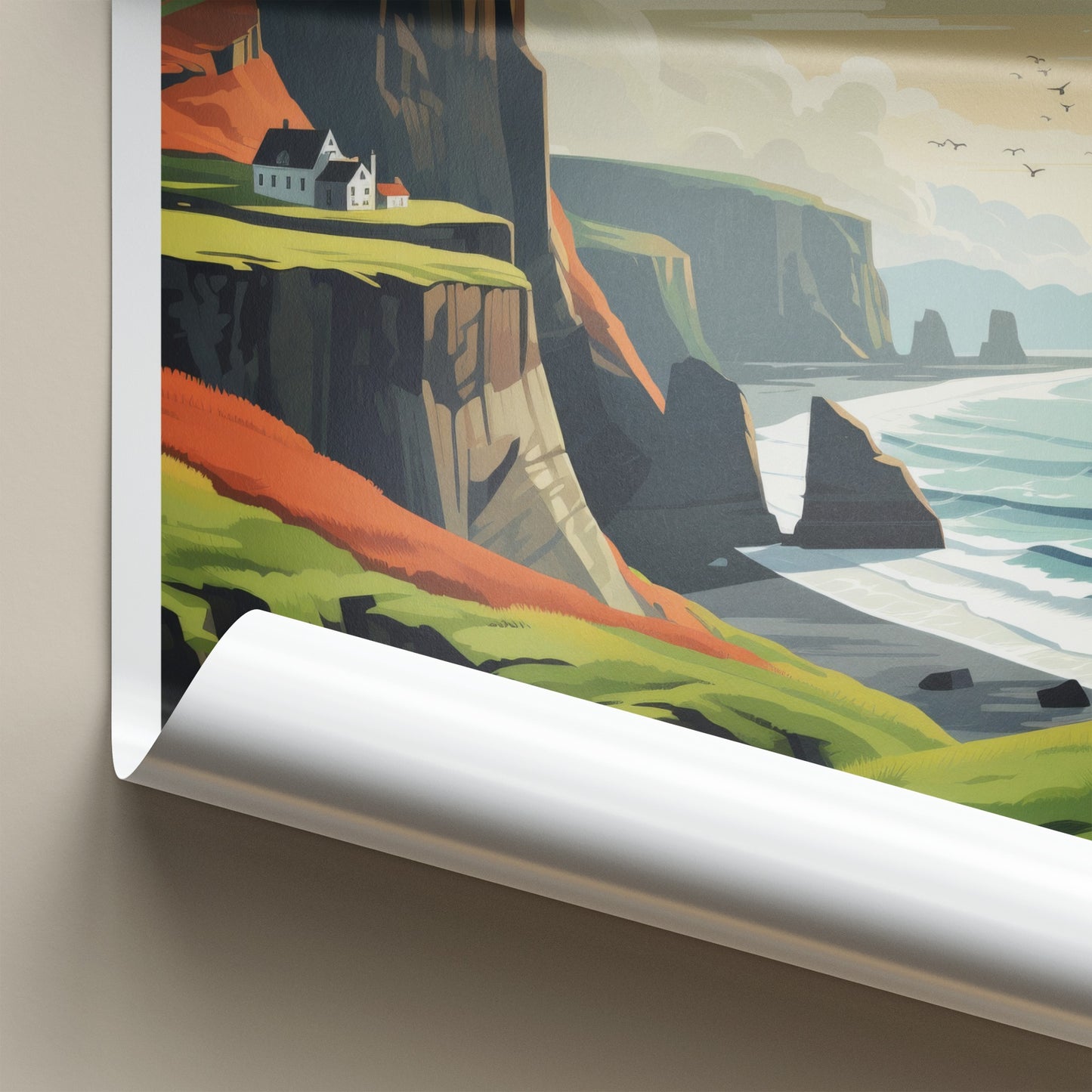 Faroe Islands Poster - Denmark Travel Art - Coastal Cliffside Houses Home Decor