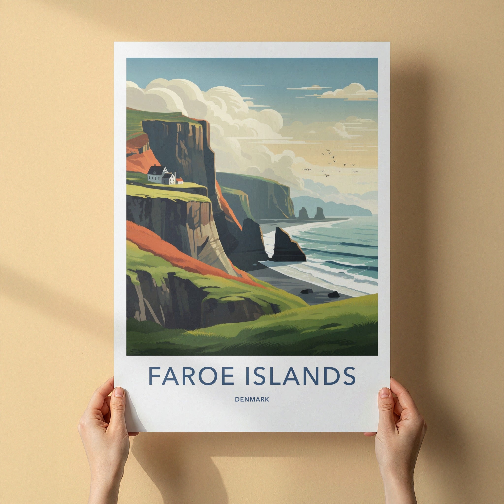 Faroe Islands Poster - Denmark Travel Art - Coastal Cliffside Houses Home Decor