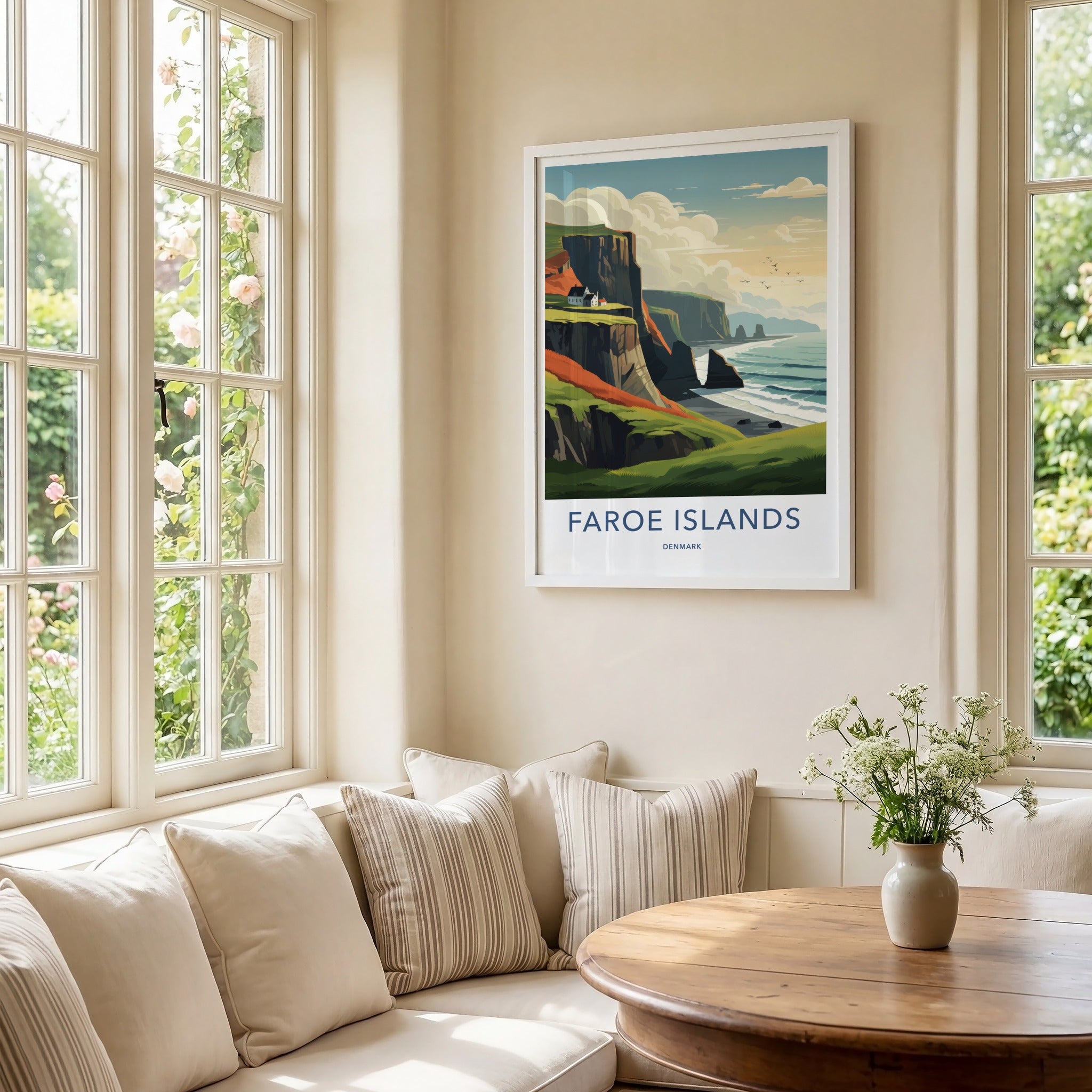 Faroe Islands Poster - Denmark Travel Art - Coastal Cliffside Houses Home Decor